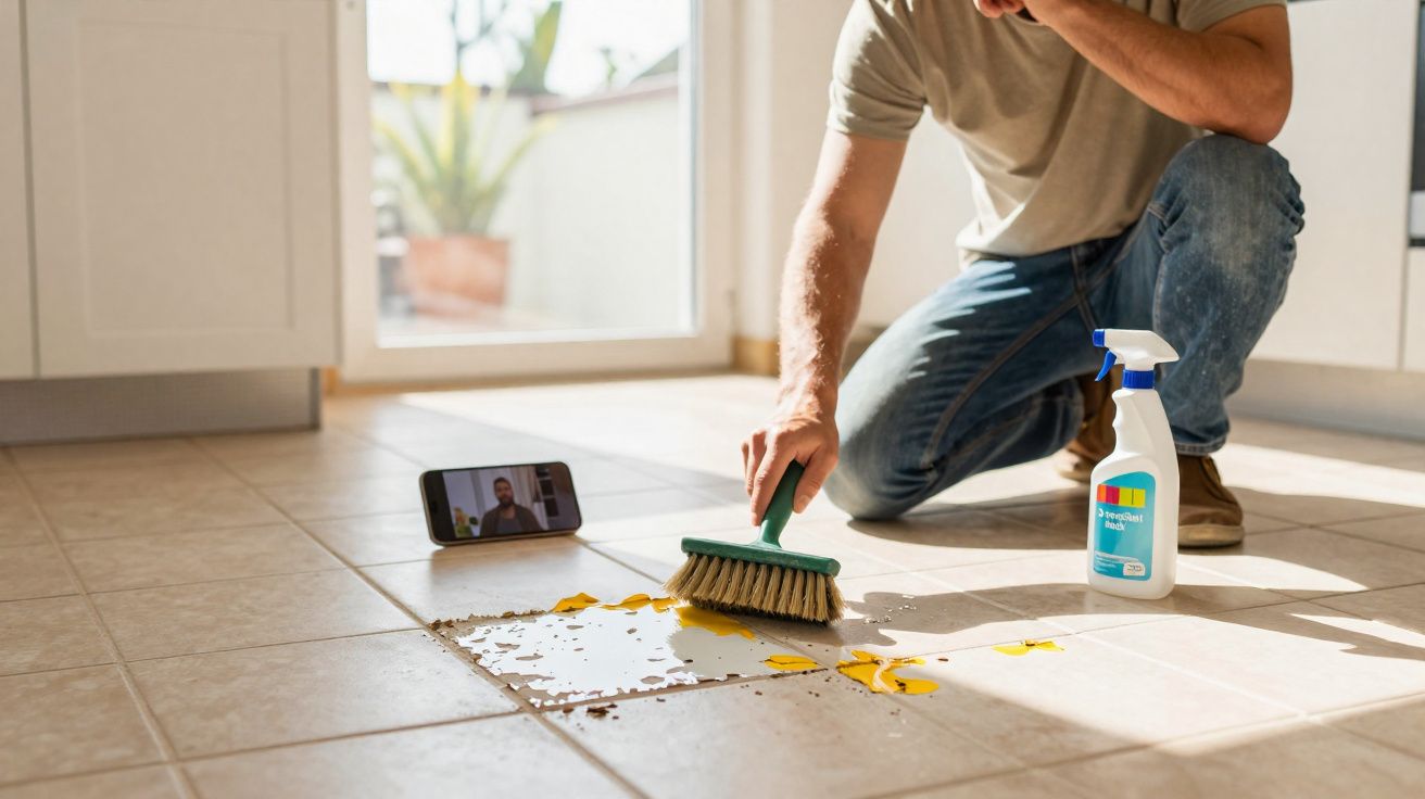 Person scrubbing a floor spill with a brush beside a cleaning spray and phone on a tiled kitchen floor.