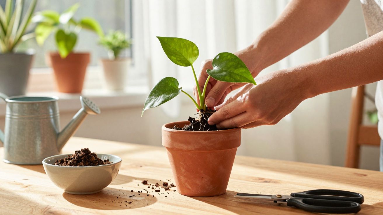Hands planting a small green houseplant in a terracotta pot on a wooden table near a window.
