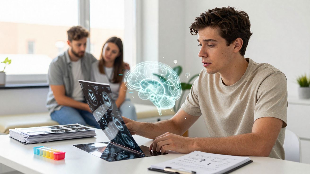 Man examining brain scans with digital brain illustration, couple sitting in background at clinic or office