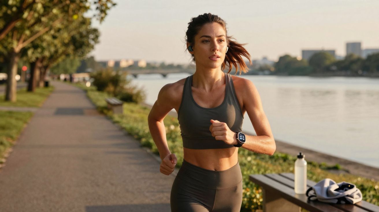 Young woman jogging on a riverside path wearing sportswear and smartwatch with water bottle and towel on a bench nearby.