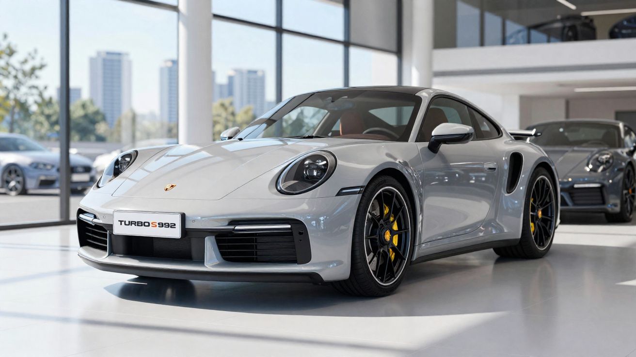 Grey Porsche 911 Turbo S 992 sports car displayed in a modern showroom with large windows.