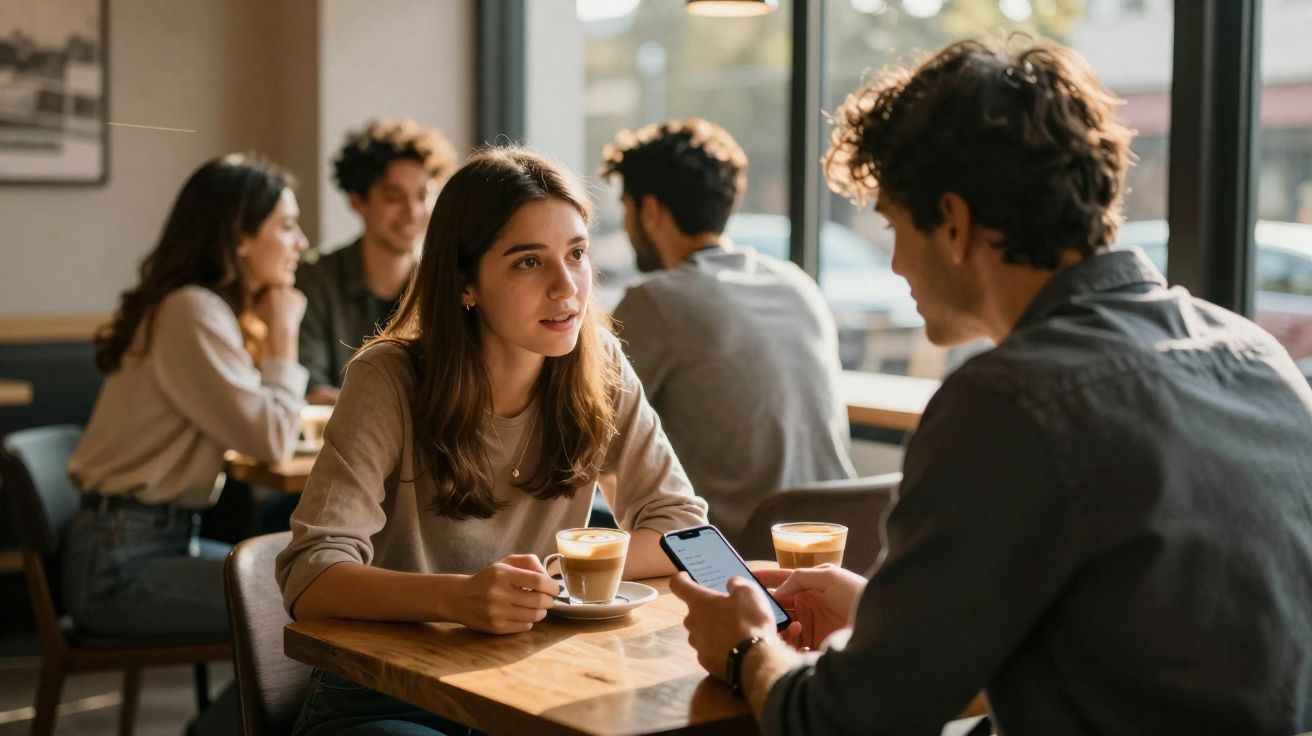 Two people sitting at a café table with coffee cups, engaged in conversation, others chatting in background.