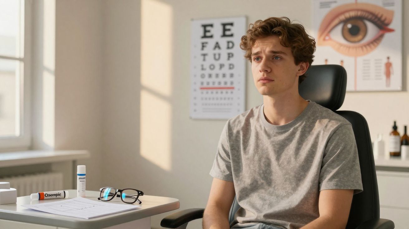 Young man sitting in an optometrist’s office with eye chart and glasses on the table.