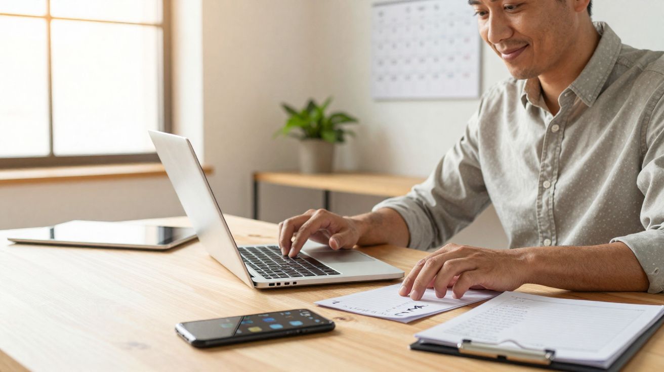 Person working on a laptop at a wooden desk with a smartphone, clipboard, and papers in a bright room.