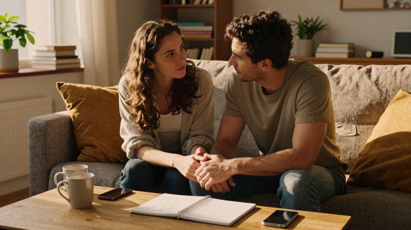 Couple sitting on a sofa holding hands and having a serious conversation in a cozy living room.