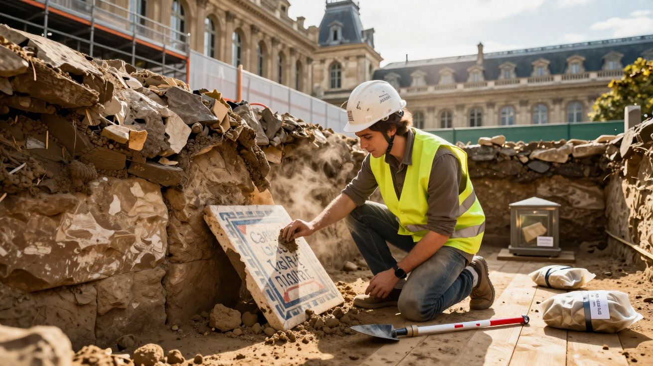 Archaeologist in a hard hat and hi-vis vest carefully cleaning a buried mosaic tile at an excavation site.