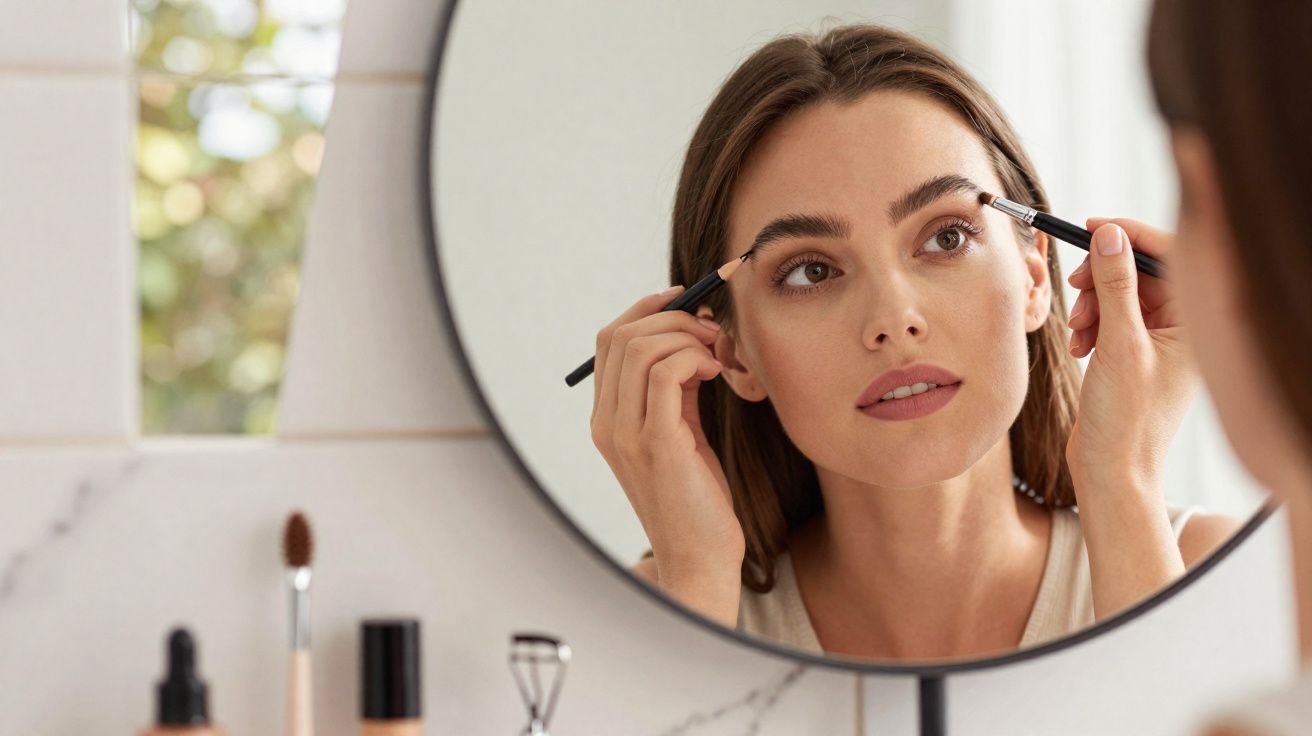 Woman applying eyebrow makeup while looking into a round mirror on a marble surface.