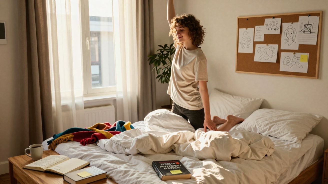 Woman stretching on bed in a sunlit bedroom with books, a mug, and drawings on a corkboard wall.