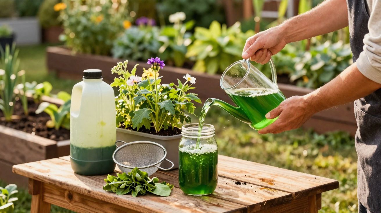 Person pouring green liquid fertiliser from a clear watering can into a glass jar on a wooden table in a garden.