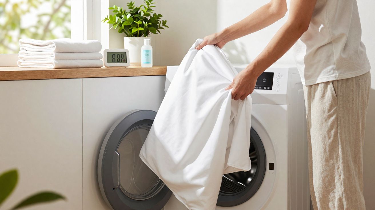 Person loading white laundry into front-loading washing machine in bright modern laundry room