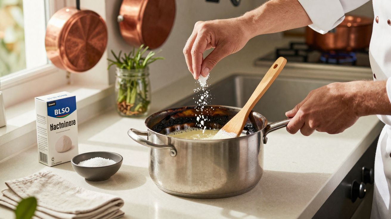 Person sprinkling salt into a saucepan on a kitchen counter with a wooden spoon inside the pot.