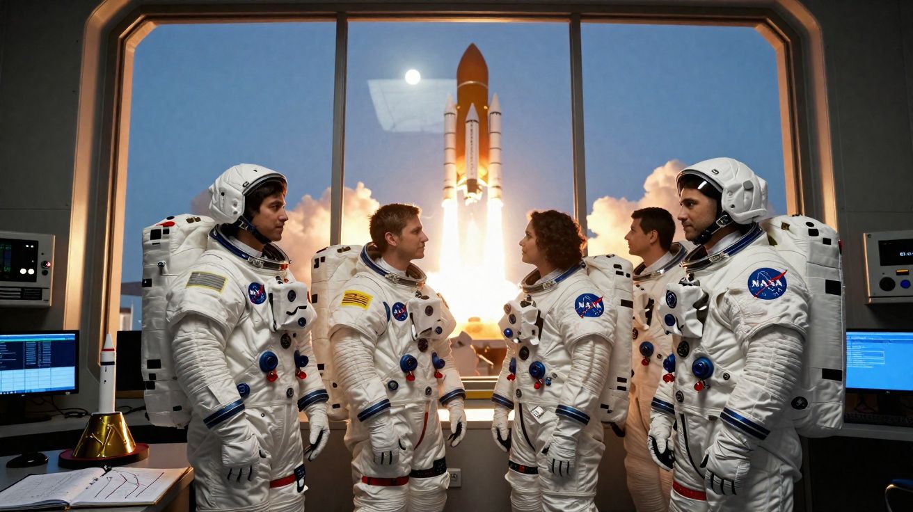 Five astronauts in NASA suits inside a control room watching a space shuttle launch outside the window.