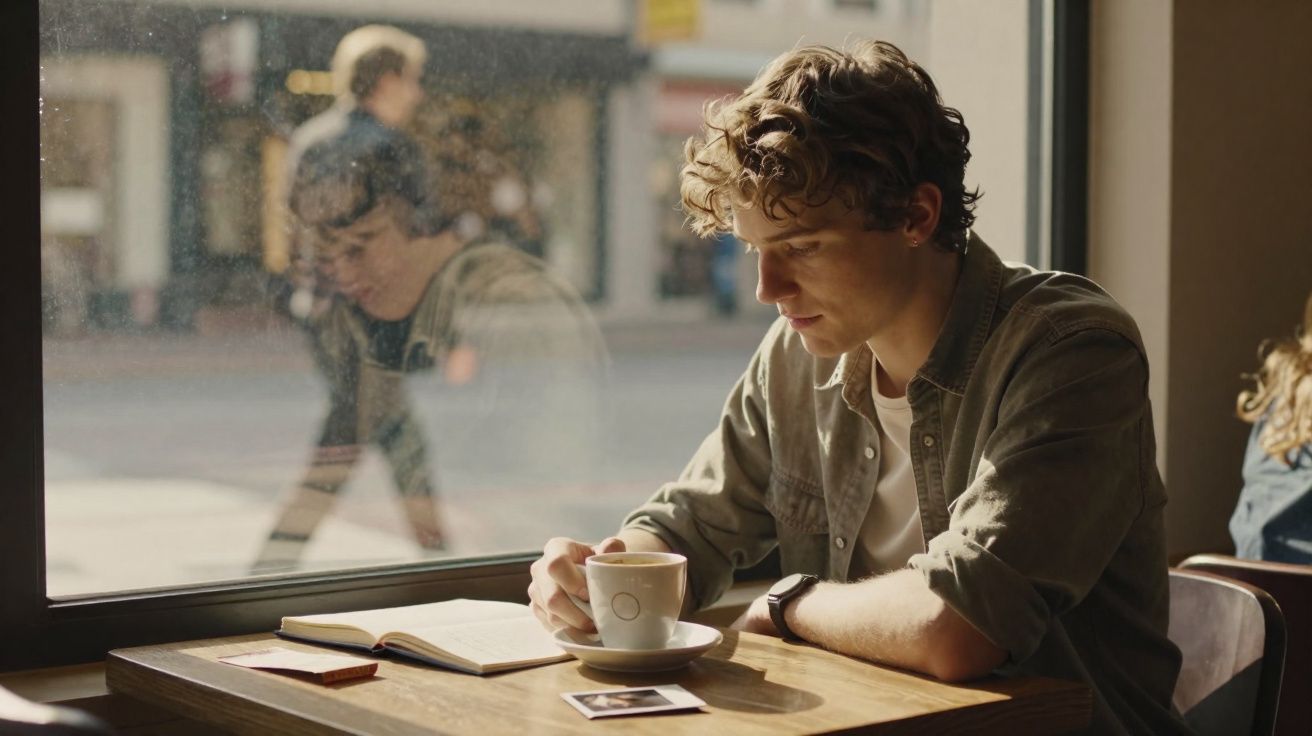 Young man with curly hair sitting at a café table by the window, holding a cup of coffee and reading a book.