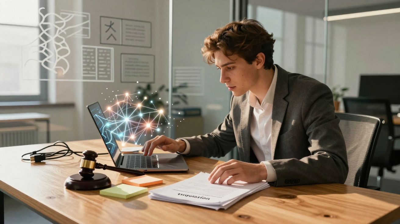 Young man in suit working on laptop with glowing network graphic and legal gavel on wooden desk