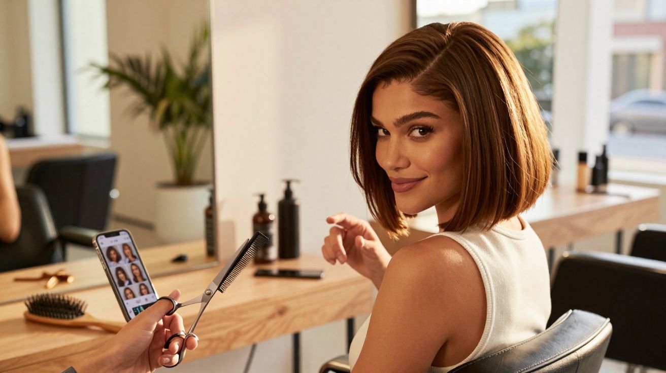 Woman with a bob haircut sitting in a salon chair, smiling and looking at the camera while a hairstylist holds scissors and c