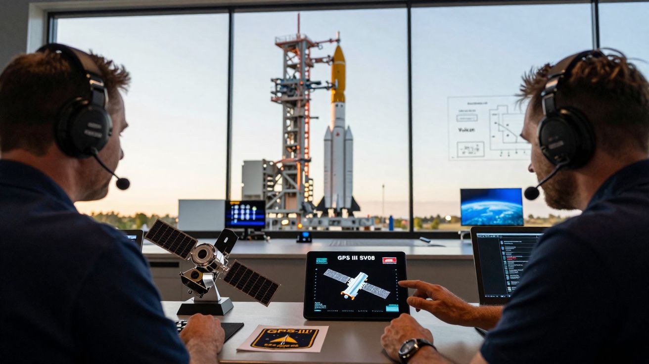 Two engineers with headsets monitor a rocket launch and satellite data in a control room.