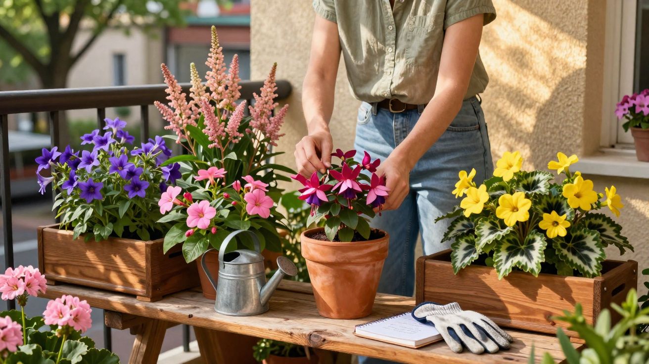 Person tending to colourful flowering plants on a wooden table on a sunlit balcony.