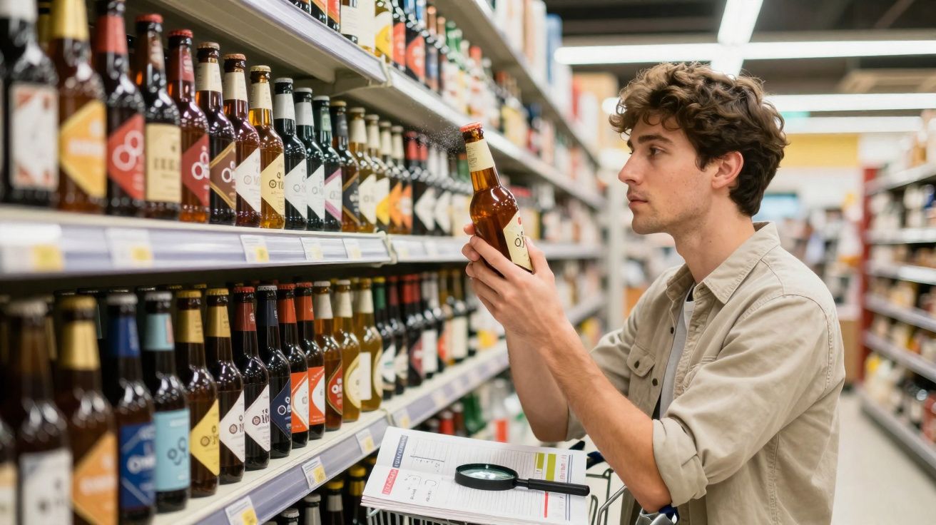 Young man in a beige shirt examining a beer bottle in a supermarket aisle filled with various bottled drinks.