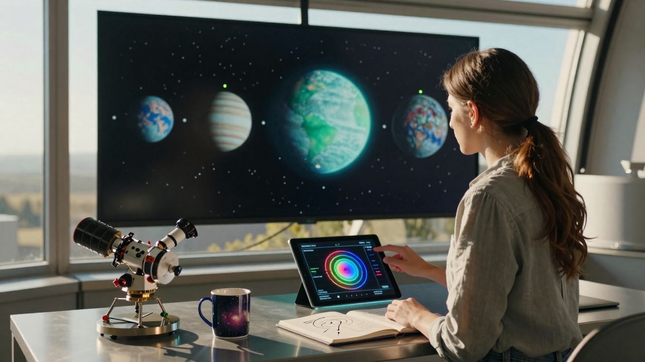 Young woman studying planets on a tablet with a telescope and mug on the table by a large window.