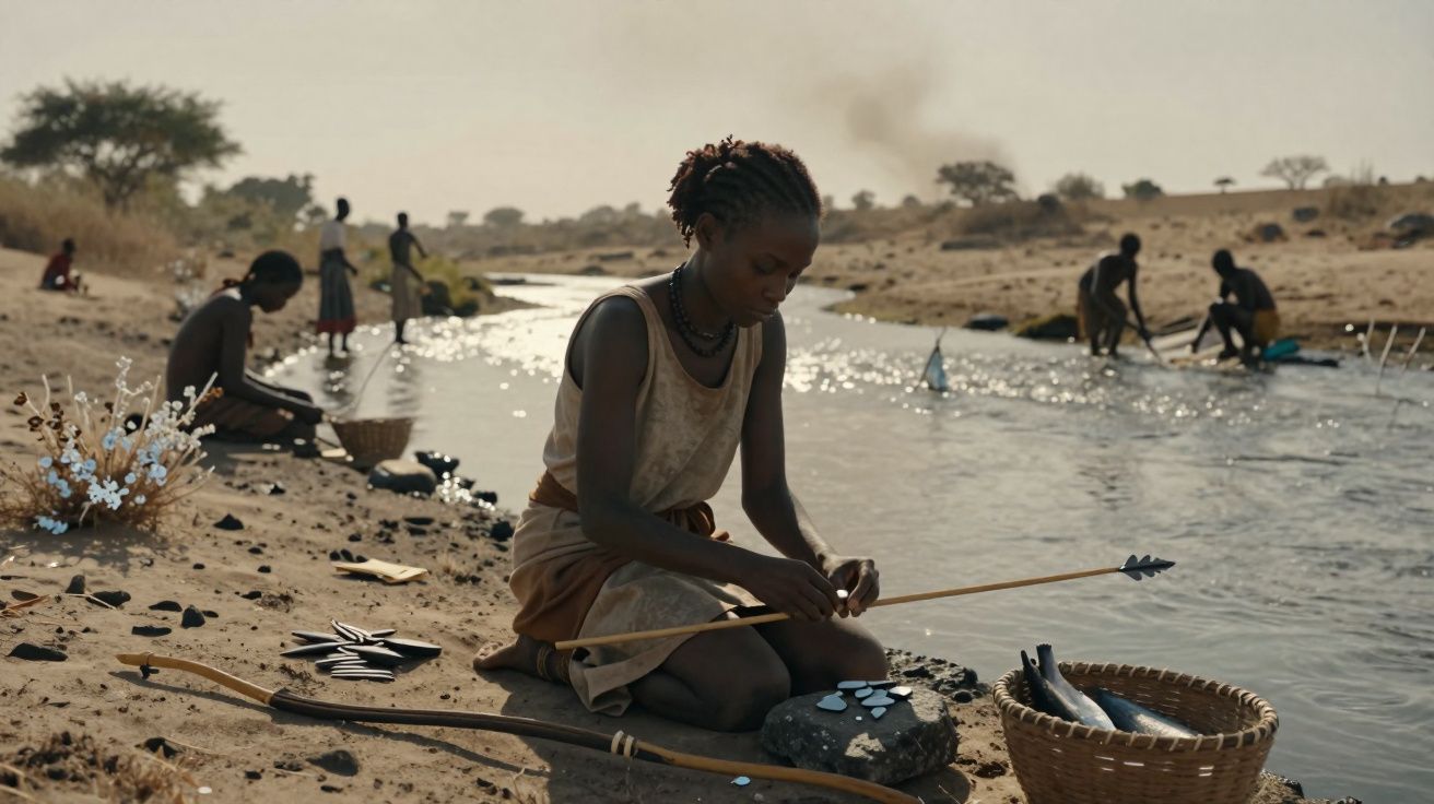 People fishing and preparing arrows by a river in a dry, rural landscape at sunset.
