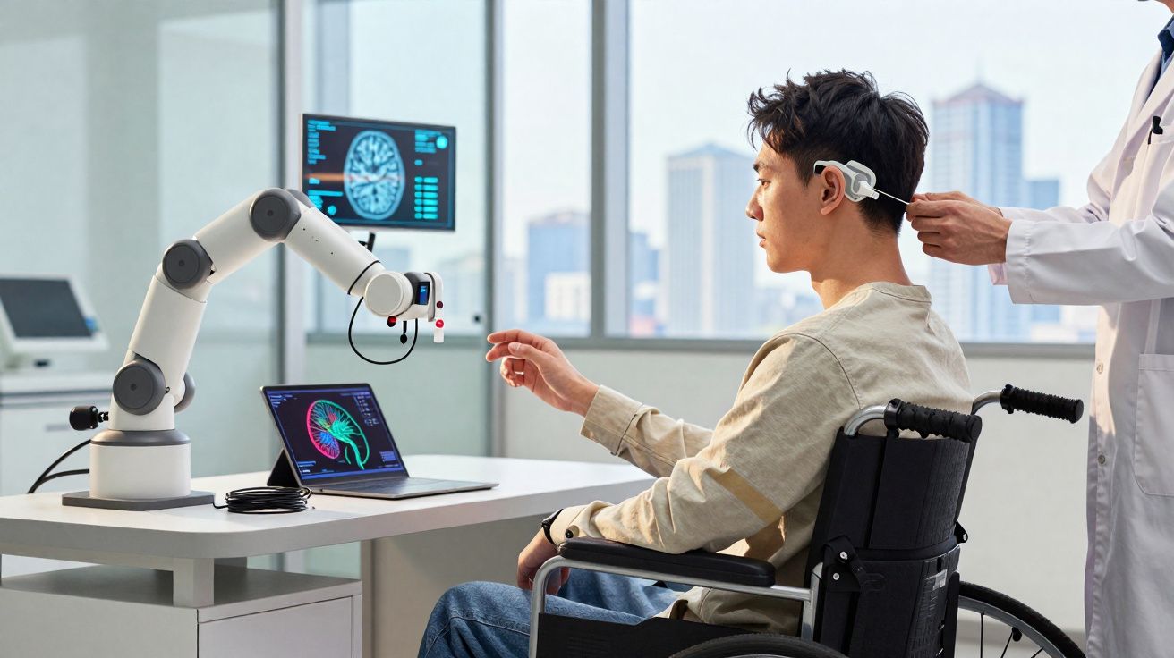 Man in wheelchair undergoing brain-computer interface testing with robotic arm and doctor in modern lab.