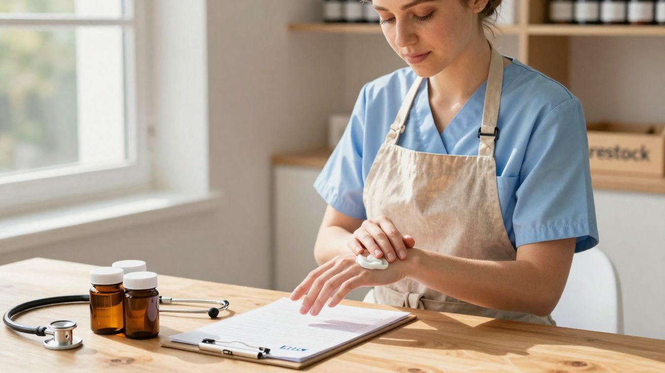 Healthcare worker in scrubs applying hand cream at desk with medical supplies and clipboard nearby.