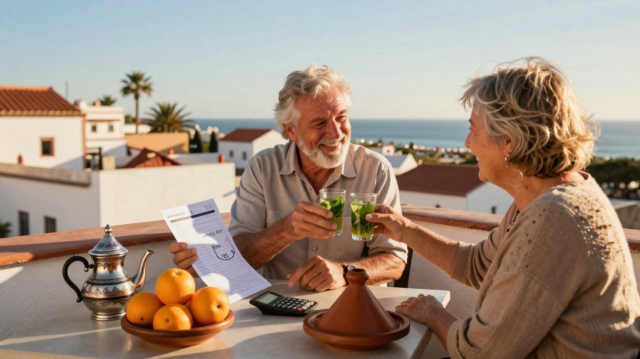 Elderly couple clinking glasses of green drinks on terrace with fruit bowl and ocean view at sunset.