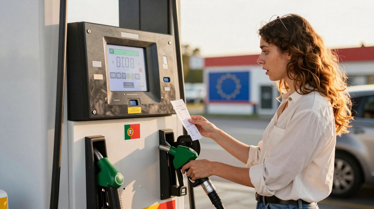 Woman checking receipt while refuelling her car at a petrol station in Portugal.