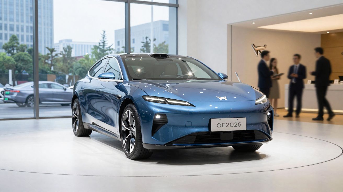 Blue electric sedan displayed indoors with people in background and cityscape visible through large windows.