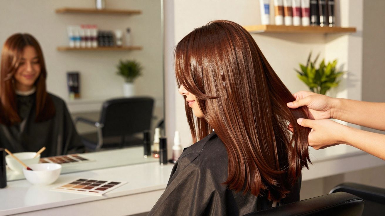 Woman with straight, glossy, medium-length brown hair sitting in a salon chair with a stylist's hands arranging her hair.