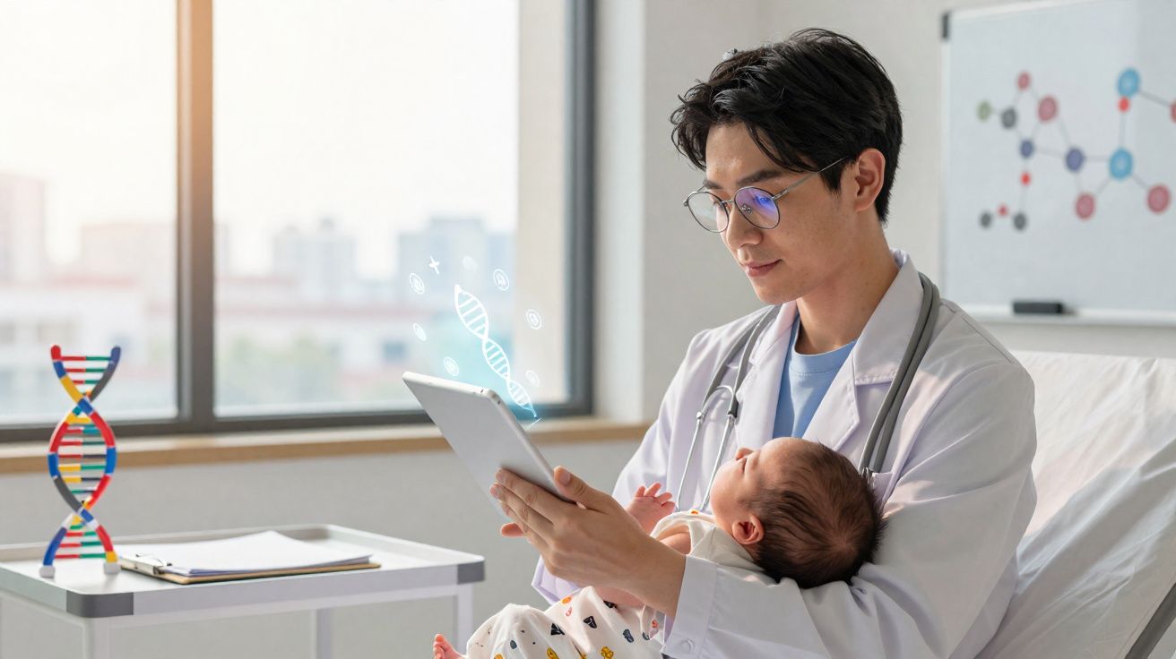 Doctor holding a baby while using a digital tablet with DNA symbols in a medical office.
