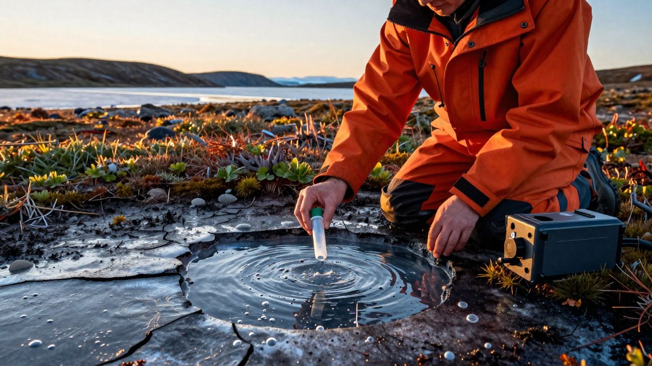 Person in orange jacket collecting water sample from icy ground near a lake at sunset.