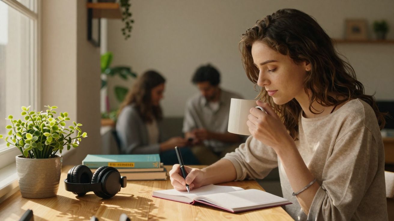 Woman drinking from a mug while writing in a notebook at a wooden table near a window with headphones and books nearby.