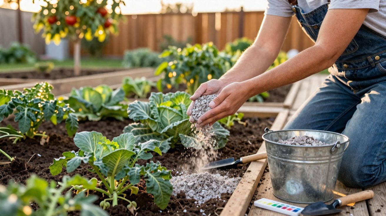 Person spreading granular fertiliser on soil in a raised garden bed with leafy green plants.