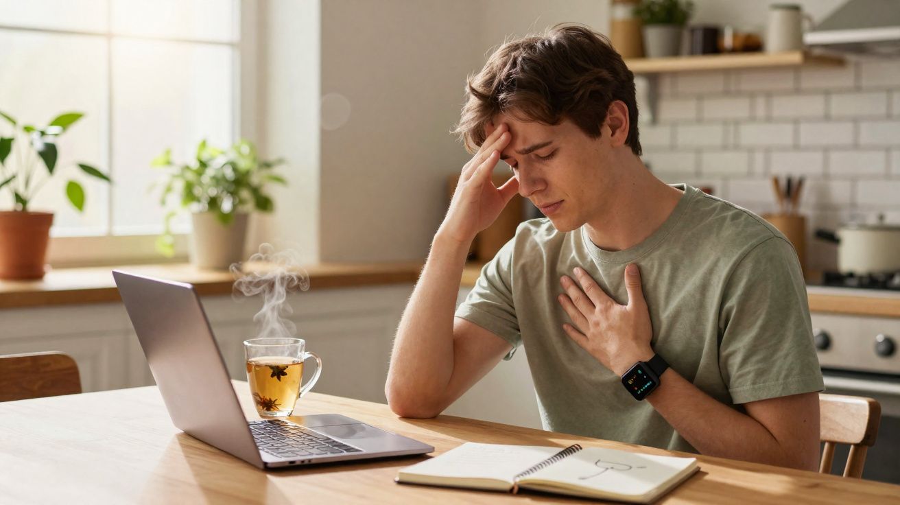 Young man at kitchen table with laptop and steaming tea, holding chest and forehead in discomfort.
