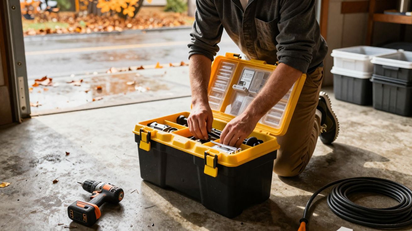 Person kneeling by a toolbox organising tools in a garage with a power drill and cable nearby.