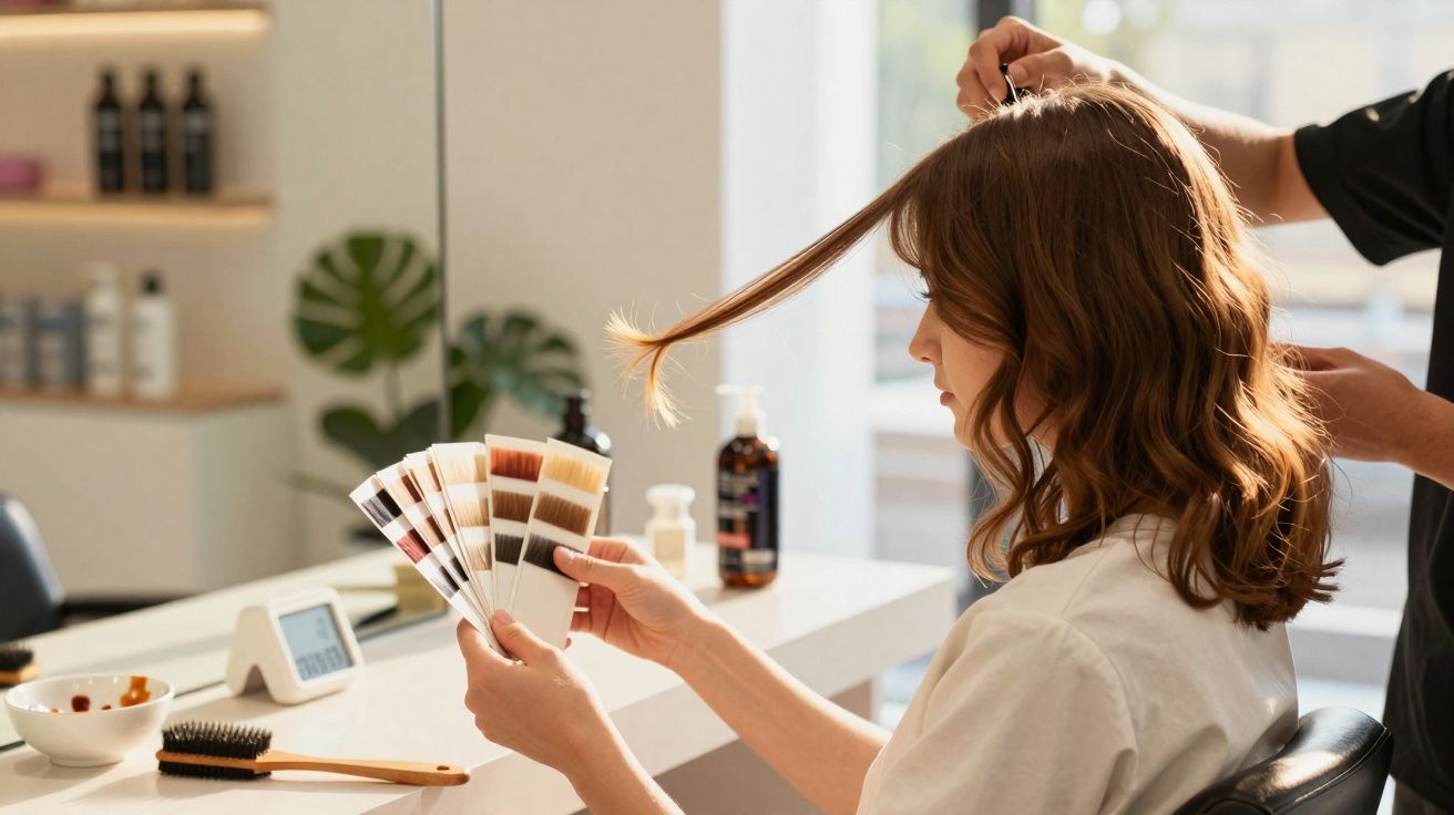 Woman in salon holding hair colour samples while hairstylist lifts a section of her hair.