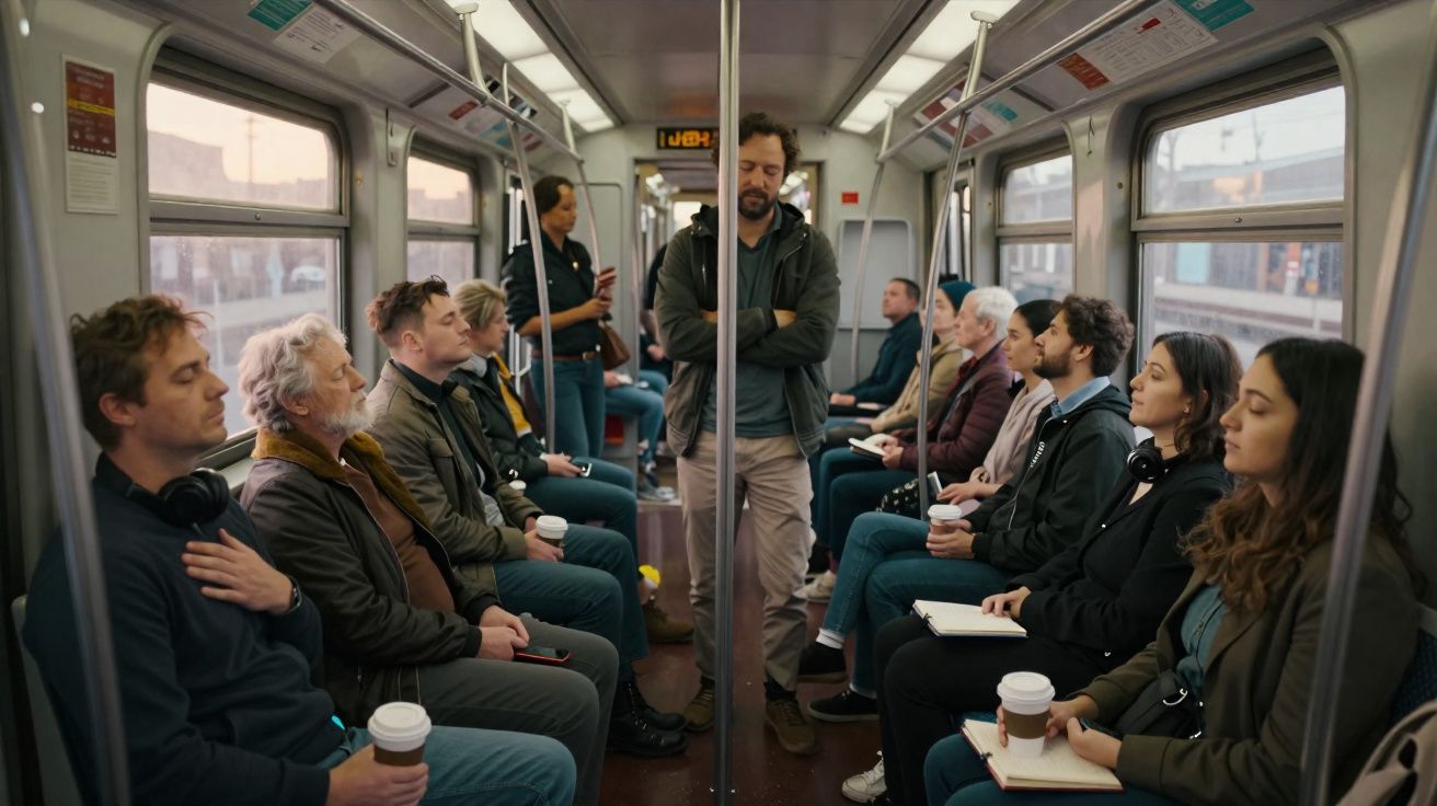 Passengers sitting and standing quietly on a crowded train carriage during their commute.