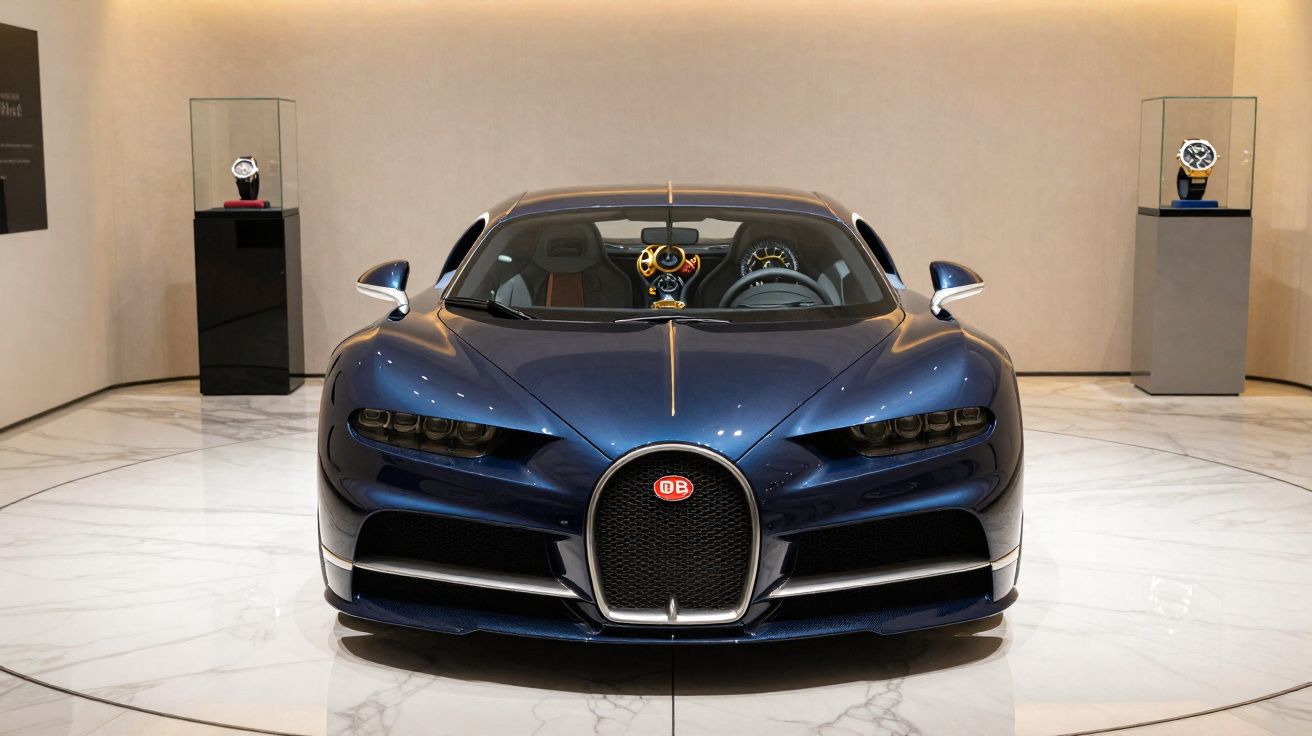Front view of a blue Bugatti Chiron sports car displayed on a glossy marble floor with watches in glass cases.