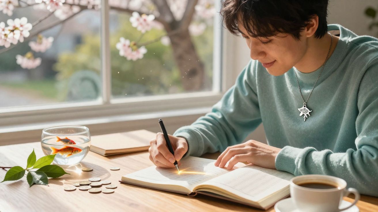 Person writing in a notebook by a window with two goldfish in a bowl and a cup of coffee.