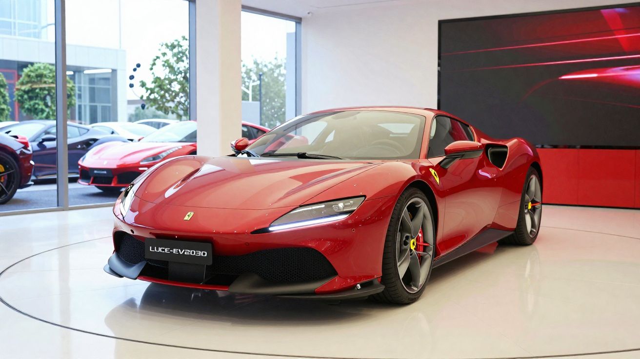 Red Ferrari sports car displayed inside a modern showroom with large windows and other cars visible outside
