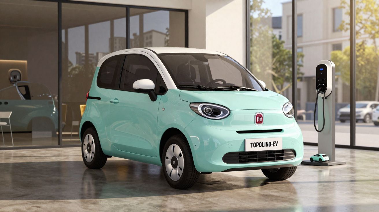 Mint green Fiat Topolino EV electric car parked indoors next to a charging station and miniature model car.