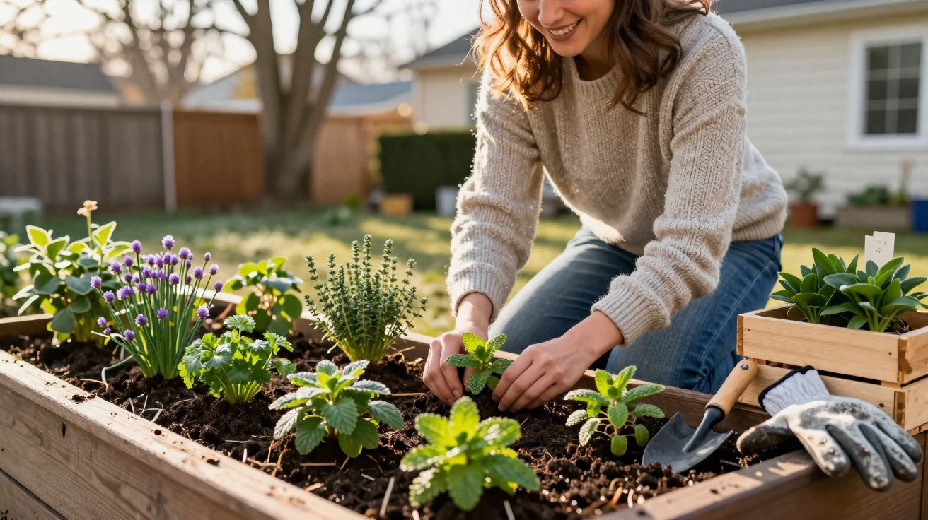 Woman gardening in raised bed planter, planting small herb or flower seedlings on a sunny day.