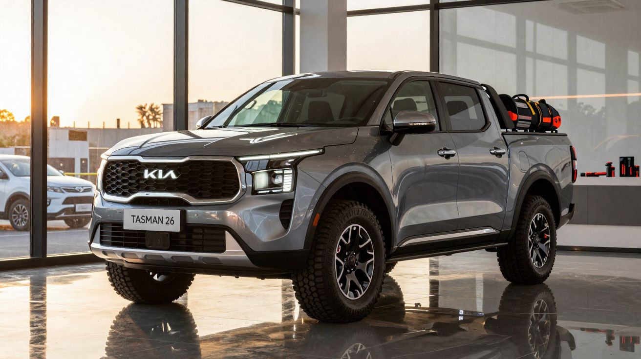 Grey Kia Tasman 26 pickup truck displayed indoors with off-road tyres and equipment in the cargo bed.