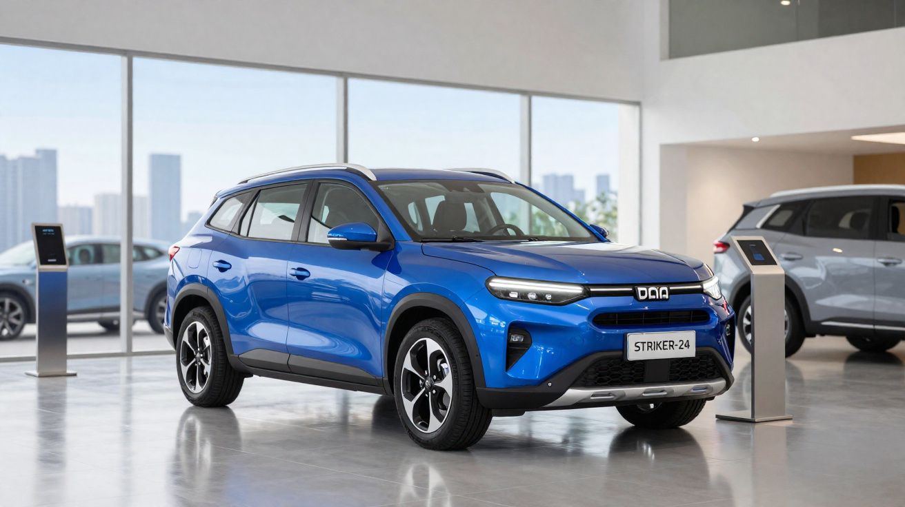 Blue Daq Striker-24 electric SUV displayed in a modern showroom with large windows and a grey floor.