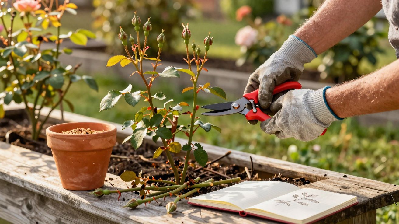 Person wearing gloves pruning rose stems with red secateurs beside a terracotta pot and open gardening book outdoors