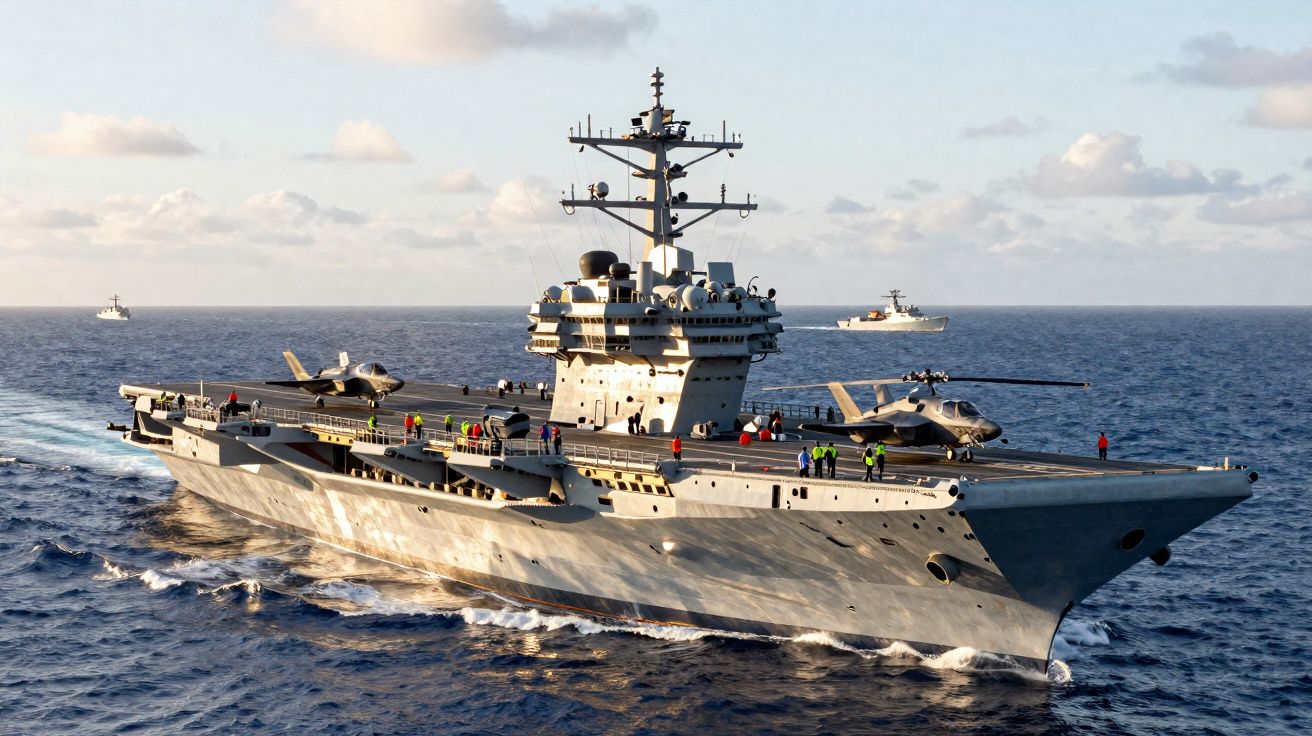 Aircraft carrier sailing at sea with helicopters and crew on deck under a cloudy sky.