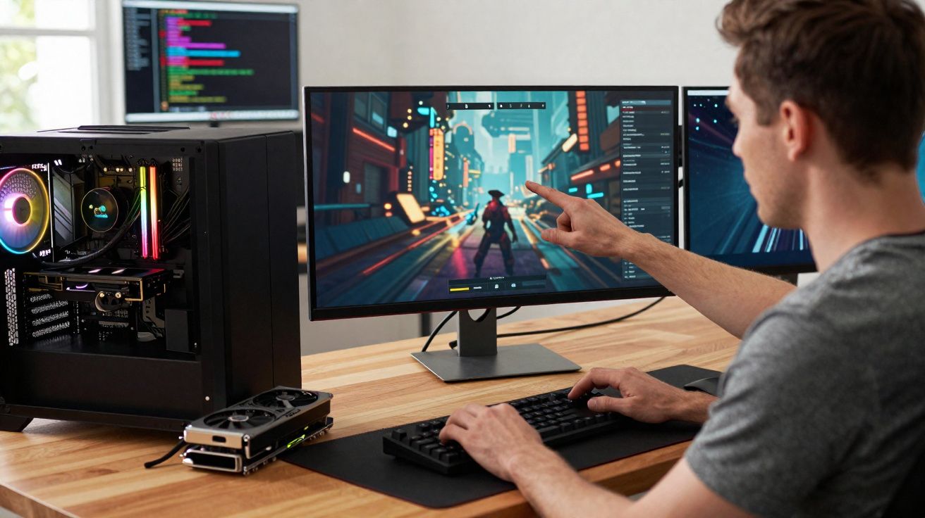 Person pointing at computer game character on desktop monitor with open PC tower on desk.