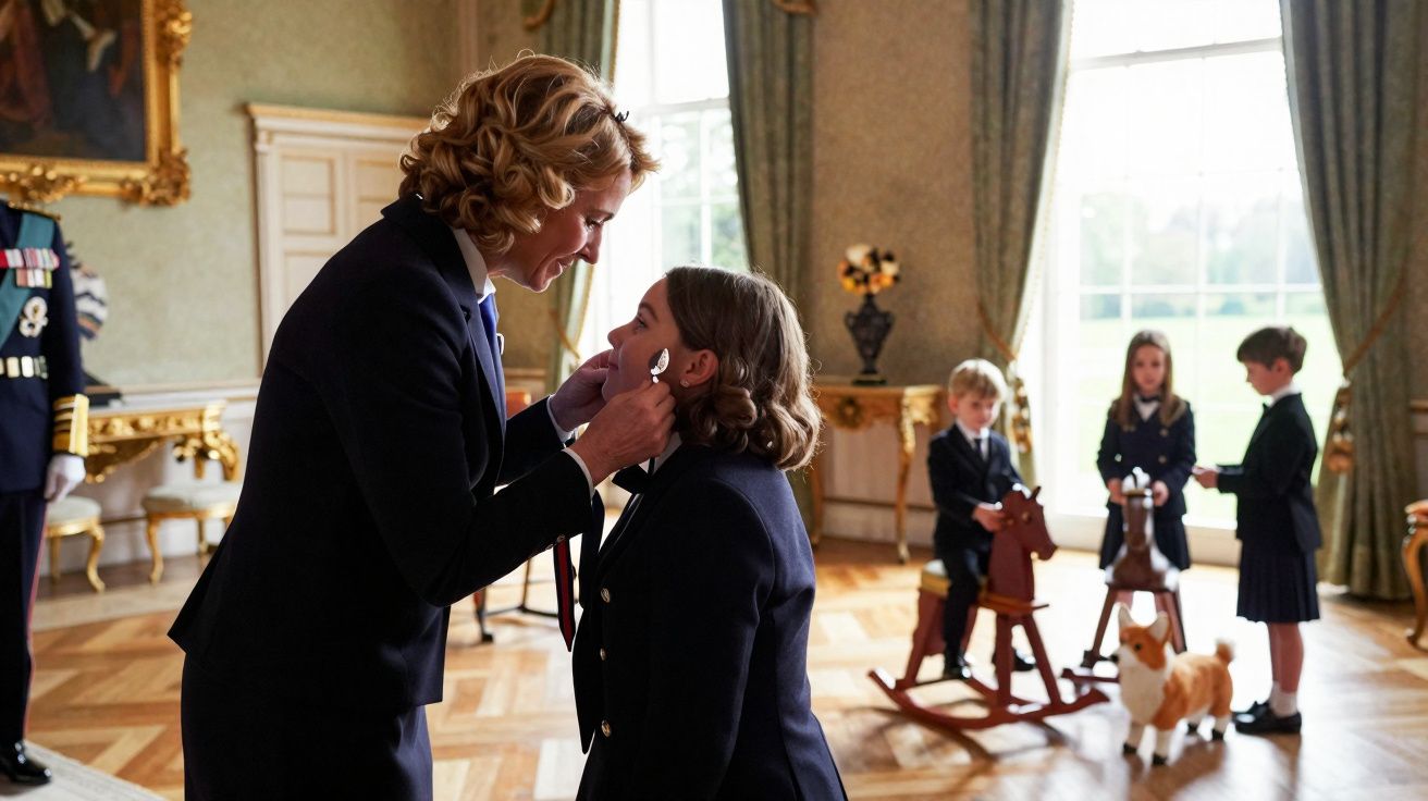 A woman gently adjusting a girl's ribbon in a formal room while three children play with toys in the background.
