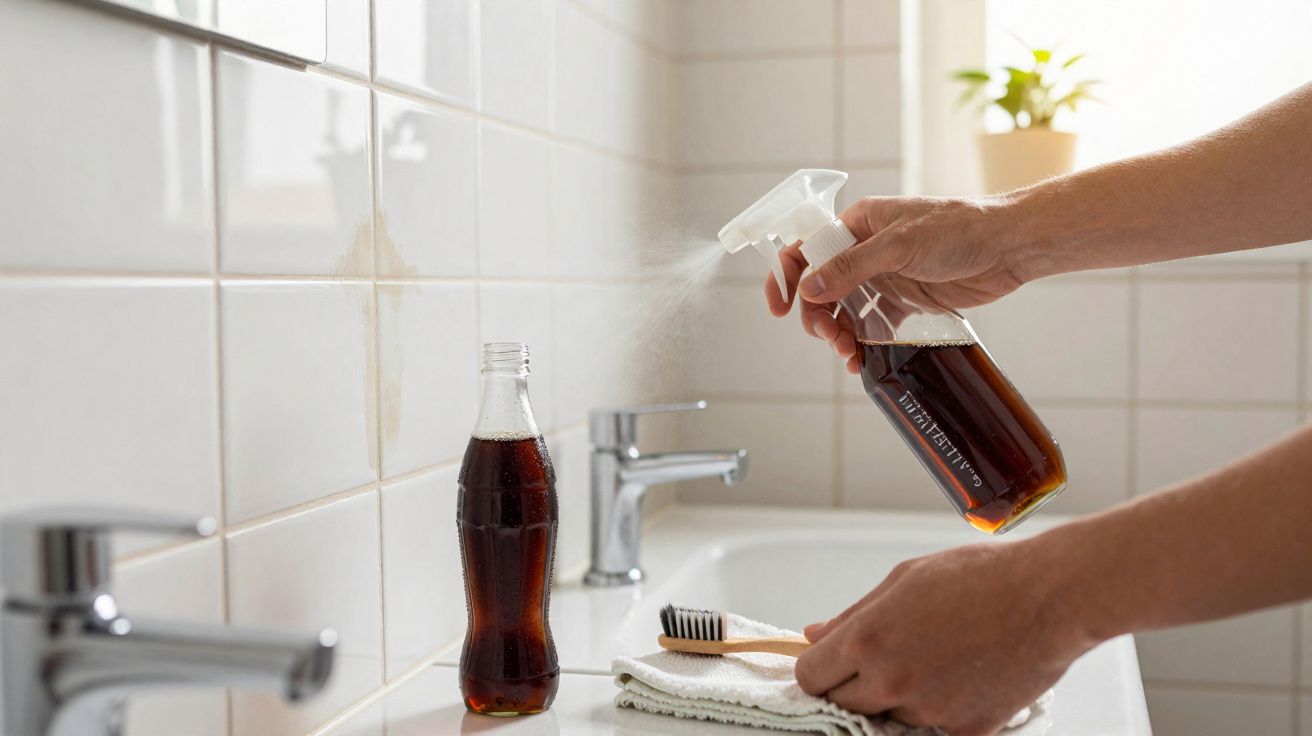 Person spraying dark liquid cleaner from a bottle onto a tiled bathroom wall near a toothbrush and cloth.